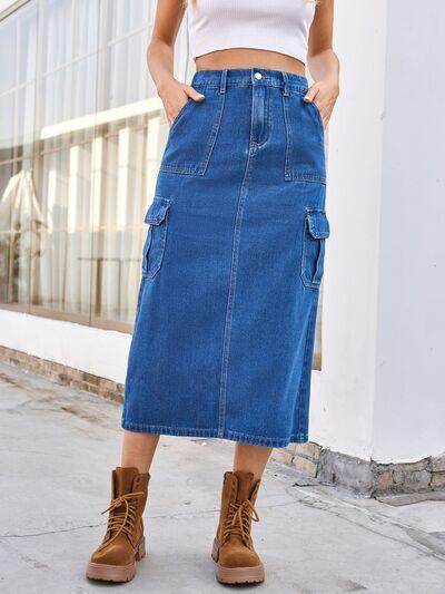 Slit Midi Denim Skirt with Pockets for Stylish Comfort